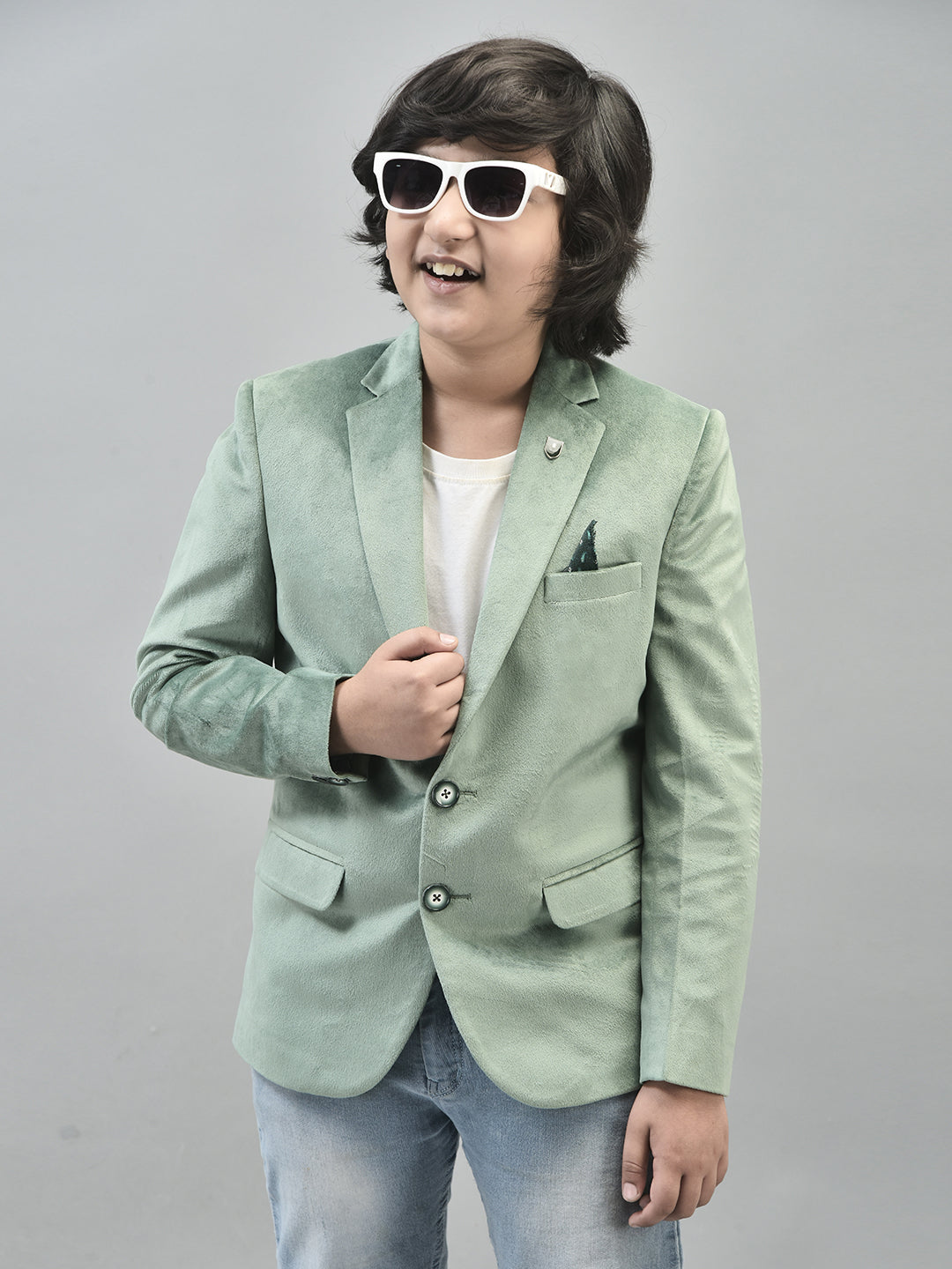 Green Velvet Finish Single Breasted Blazer-Boys Blazers-Crimsoune Club