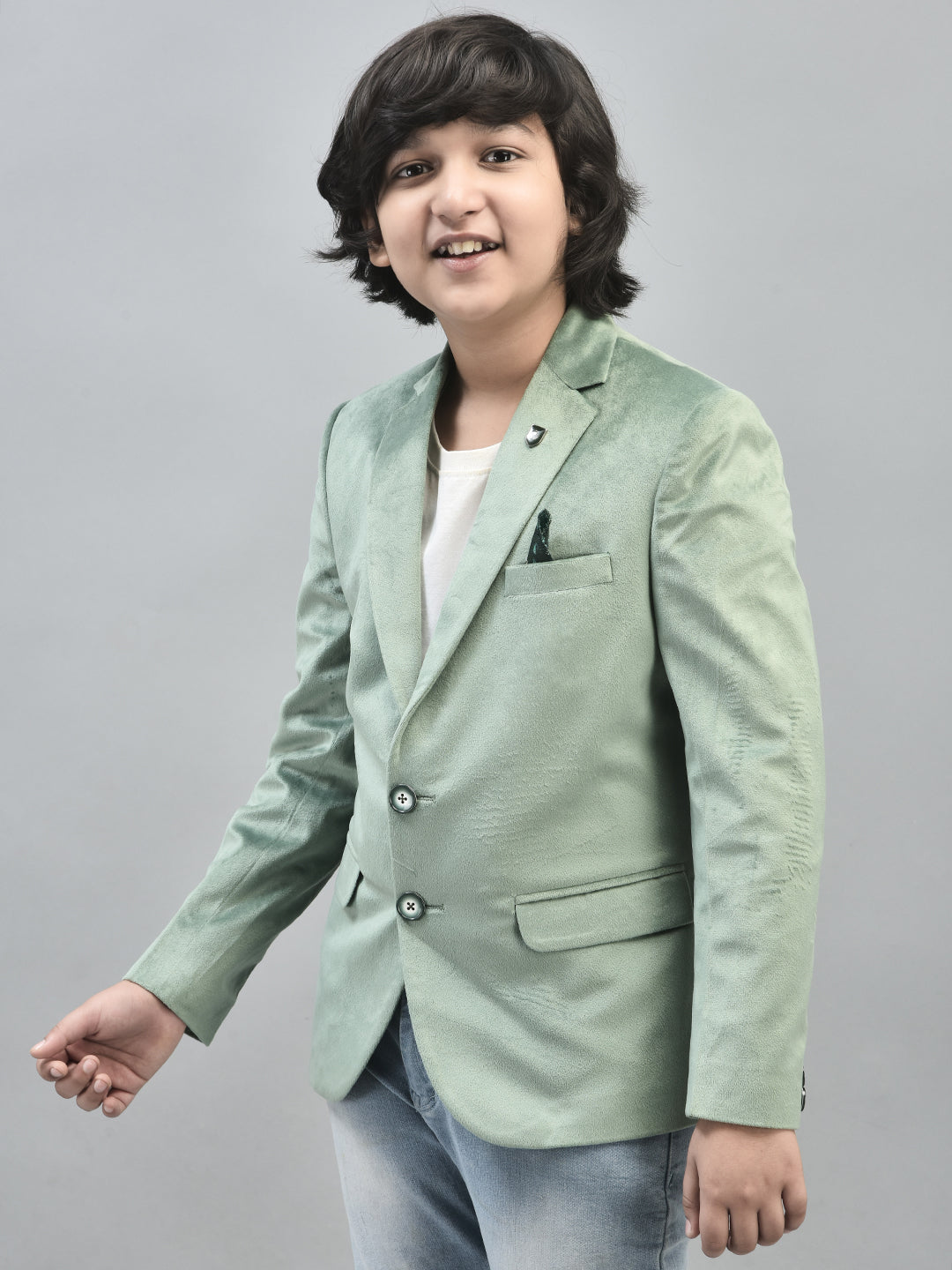 Green Velvet Finish Single Breasted Blazer-Boys Blazers-Crimsoune Club