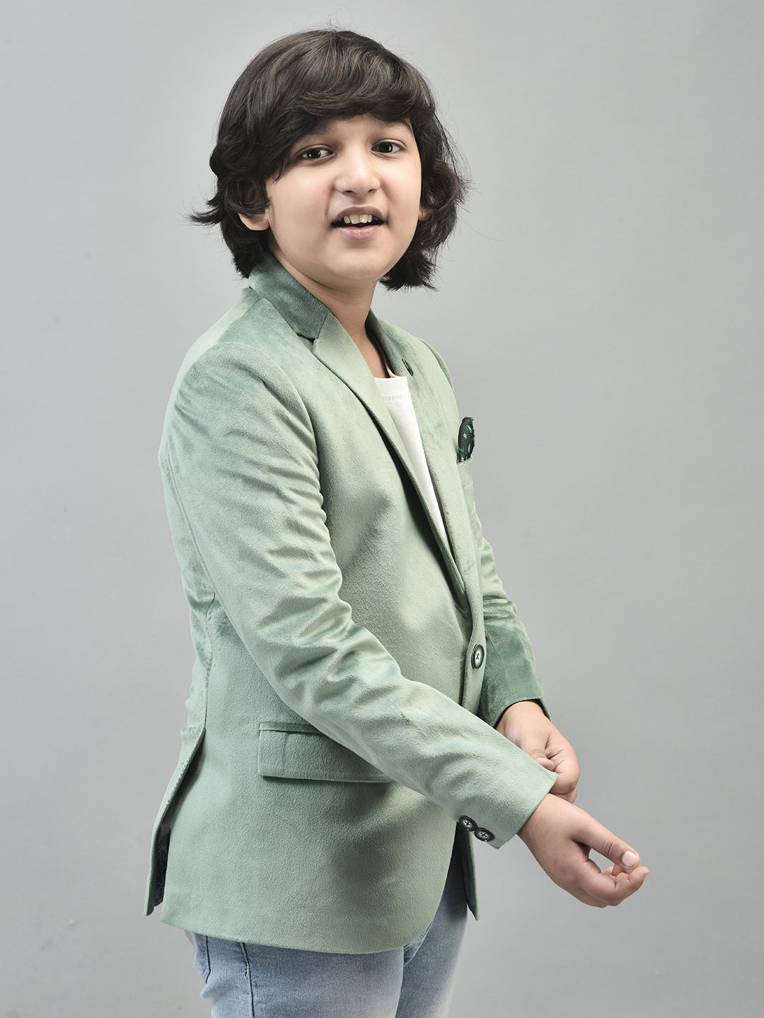 Green Velvet Finish Single Breasted Blazer-Boys Blazers-Crimsoune Club