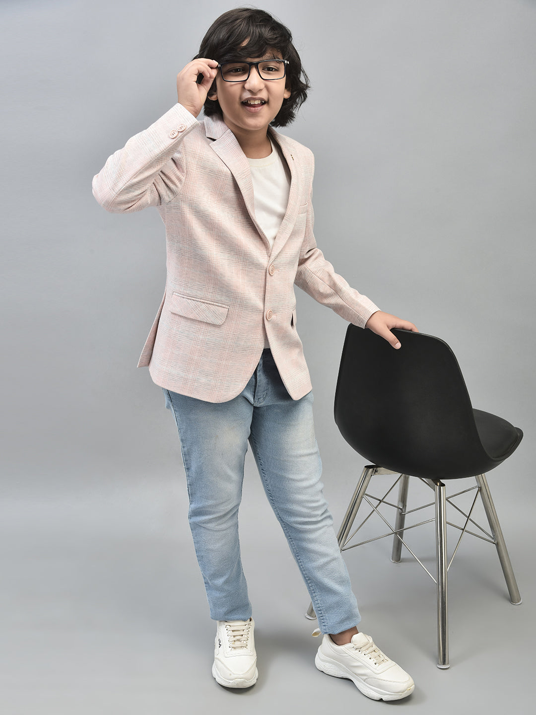 Peach Checked Single Breasted Blazer-Boys Blazers-Crimsoune Club