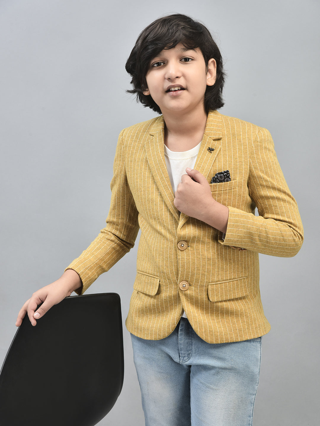 Mustard Striped Single Breasted Blazer-Boys Blazers-Crimsoune Club