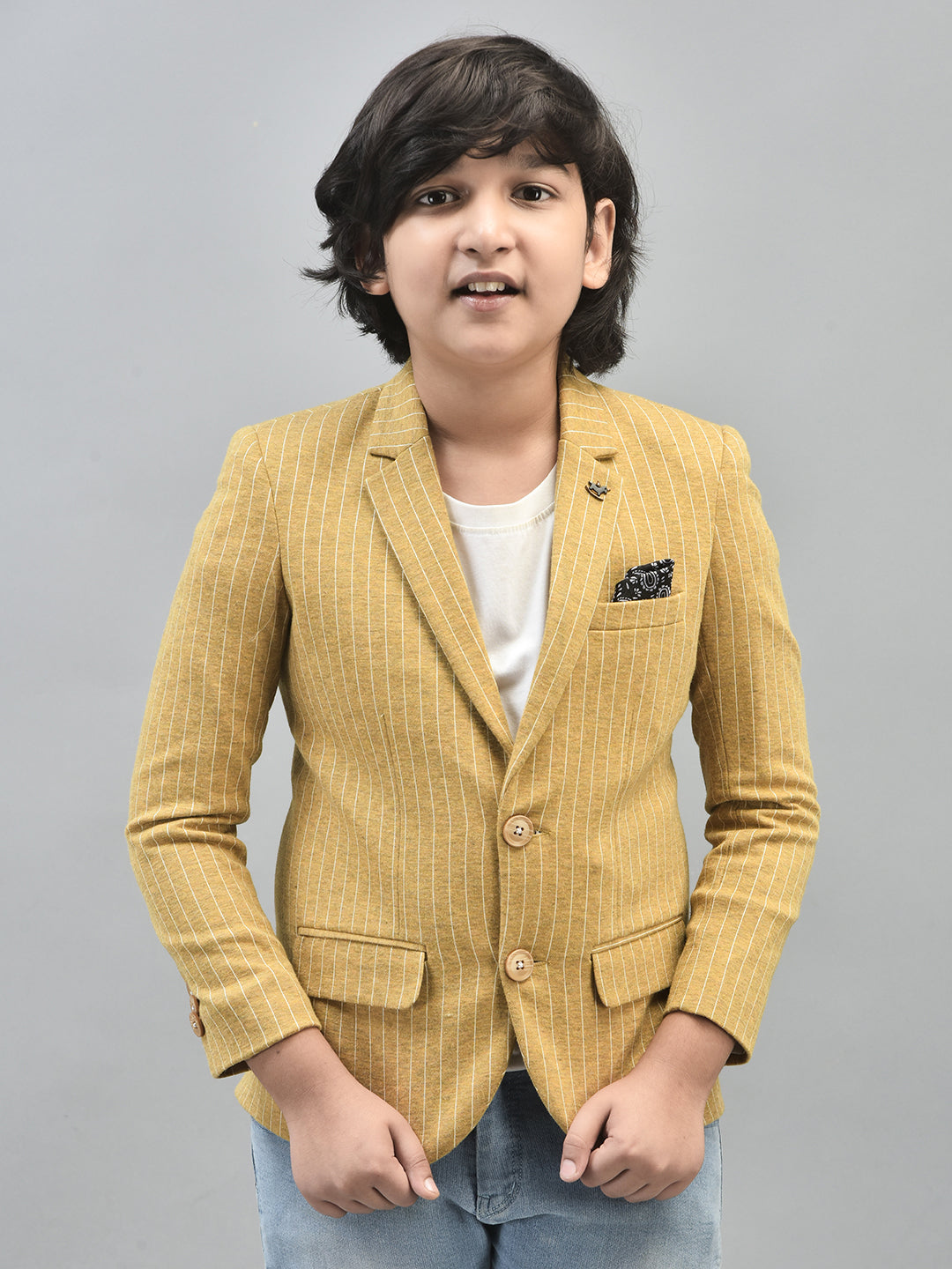 Mustard Striped Single Breasted Blazer-Boys Blazers-Crimsoune Club