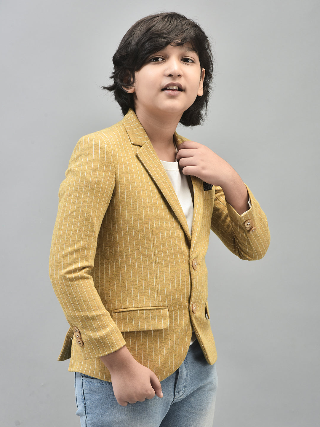 Mustard Striped Single Breasted Blazer-Boys Blazers-Crimsoune Club