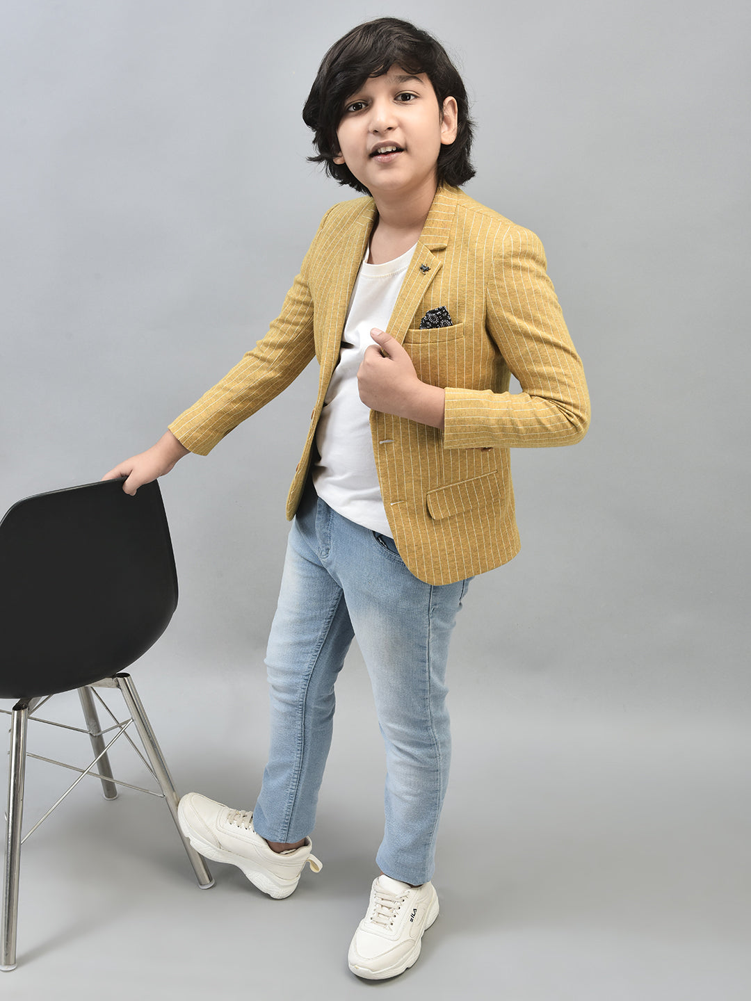 Mustard Striped Single Breasted Blazer-Boys Blazers-Crimsoune Club