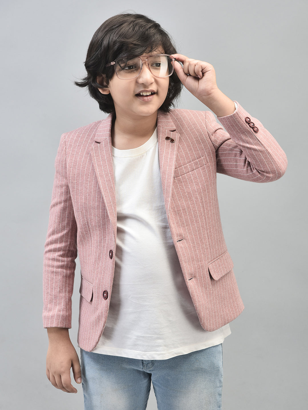 Peach Striped Single Breasted Blazer-Boys Blazers-Crimsoune Club