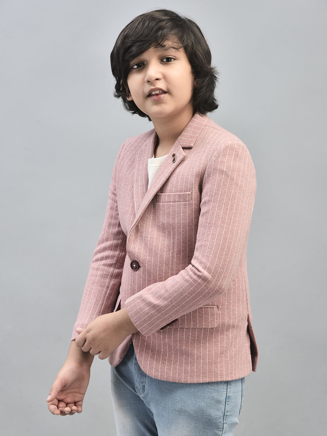 Peach Striped Single Breasted Blazer-Boys Blazers-Crimsoune Club