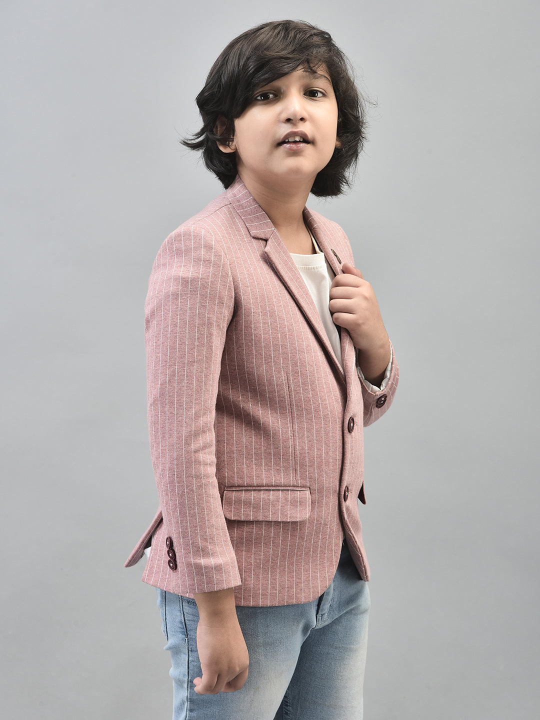 Peach Striped Single Breasted Blazer-Boys Blazers-Crimsoune Club