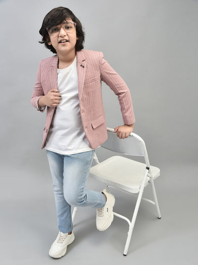 Peach Striped Single Breasted Blazer-Boys Blazers-Crimsoune Club