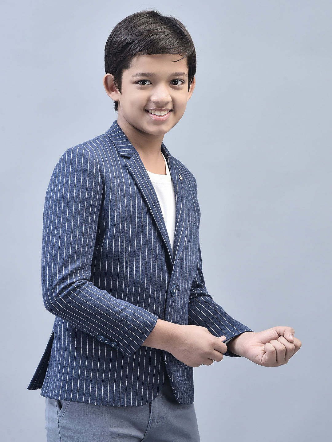 Navy Blue Striped Single Breasted Blazer-Boys Blazers-Crimsoune Club