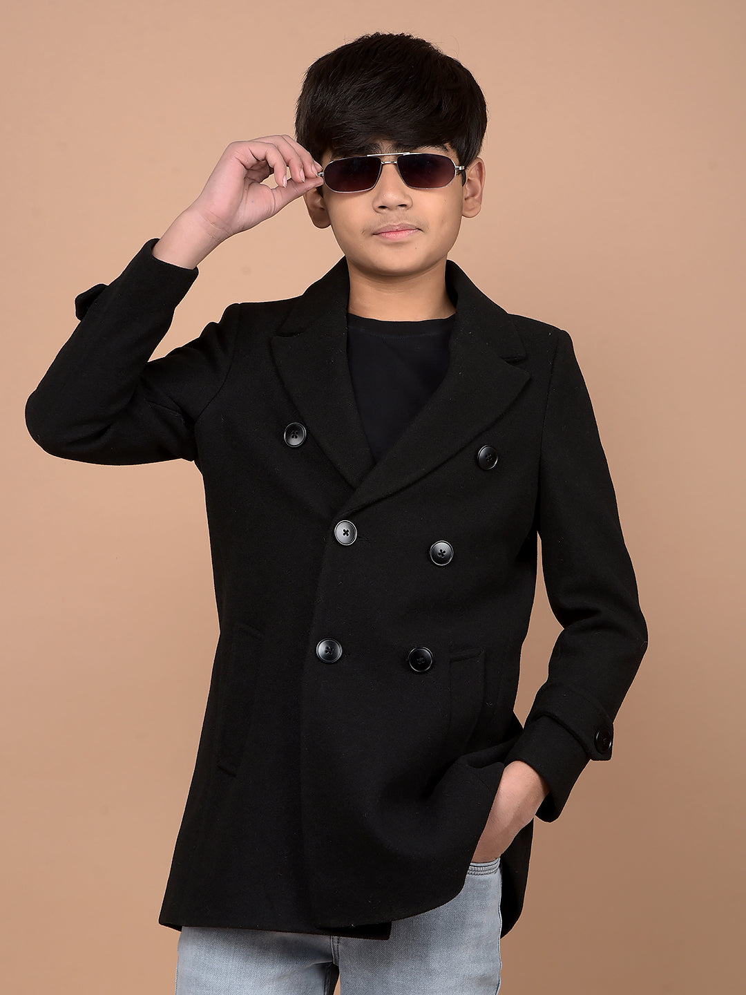 Sleek Black Double-Breasted Overcoat-Boys Coats-Crimsoune Club