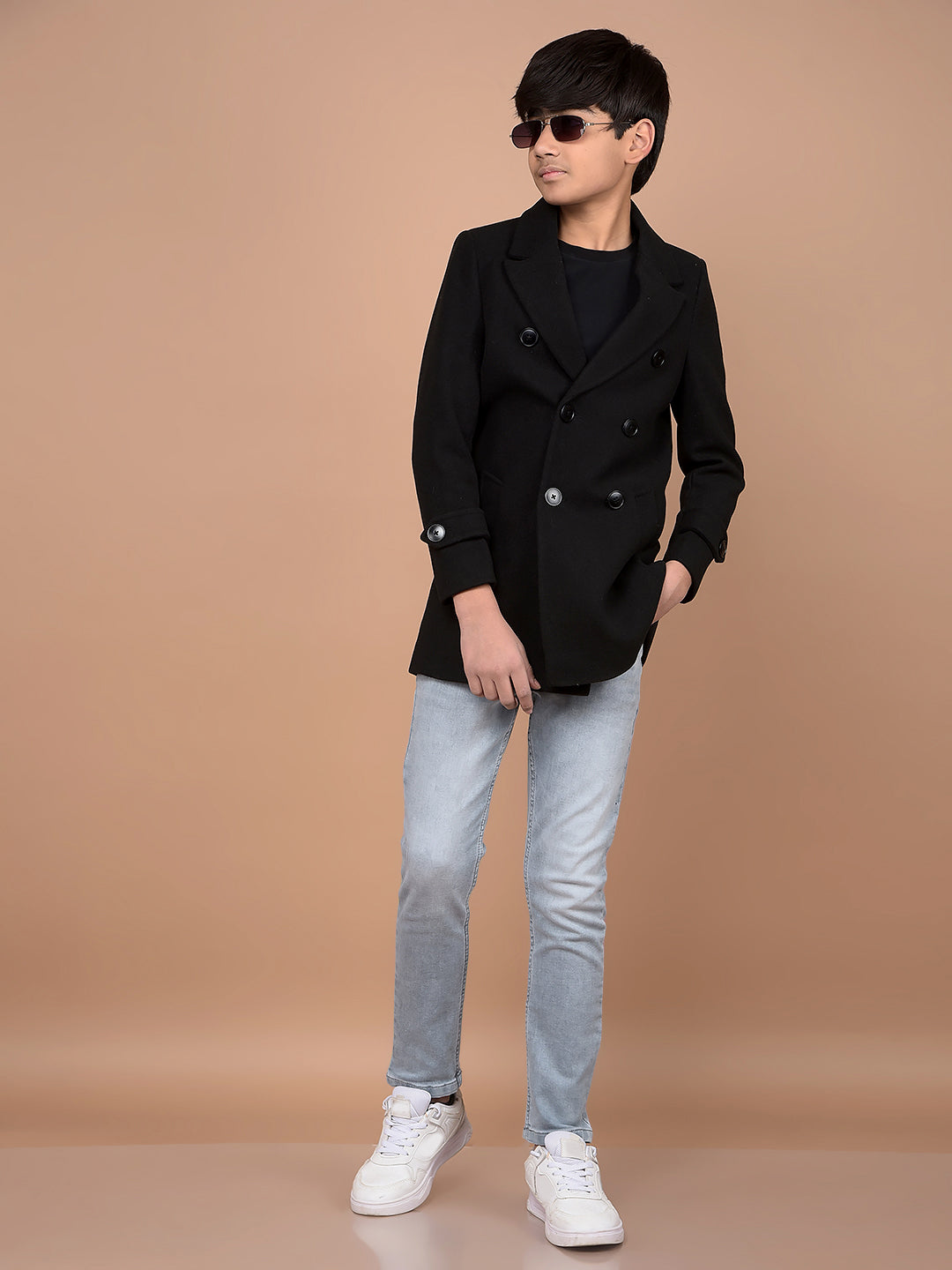Sleek Black Double-Breasted Overcoat-Boys Coats-Crimsoune Club