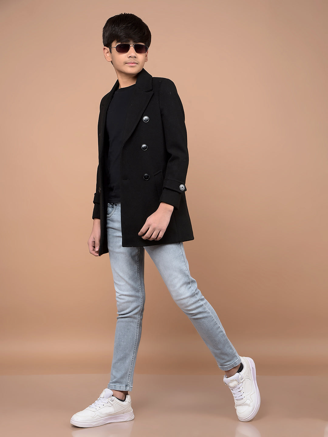 Sleek Black Double-Breasted Overcoat-Boys Coats-Crimsoune Club