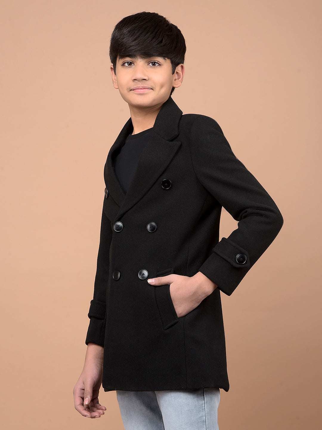 Sleek Black Double-Breasted Overcoat-Boys Coats-Crimsoune Club