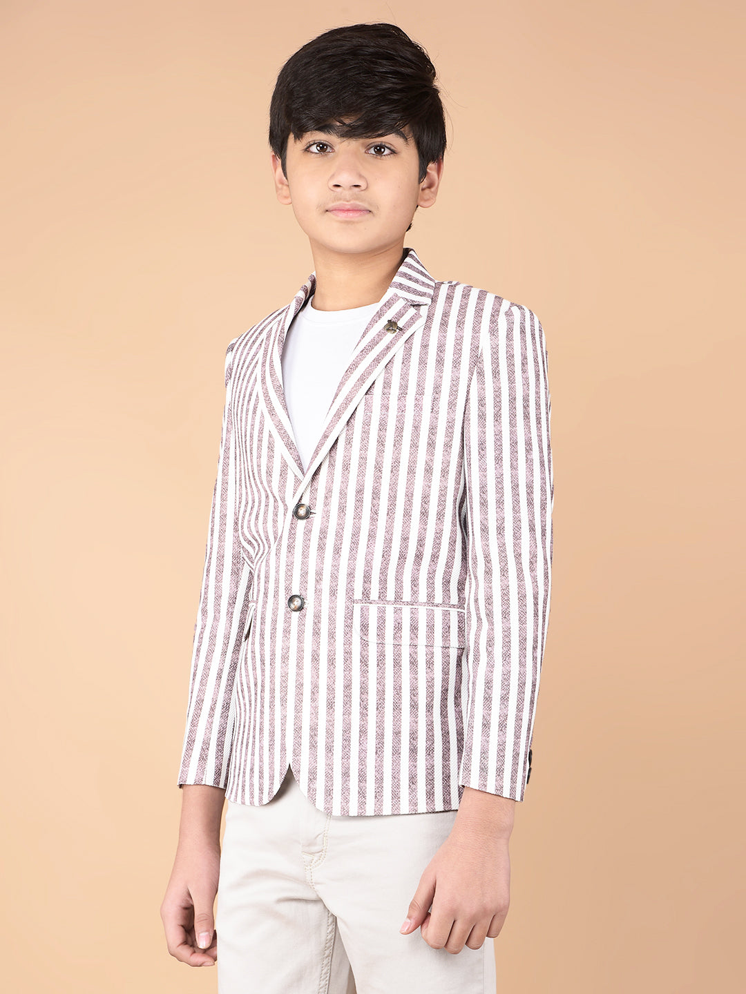 Brown Vertical Stripes Single Breasted Blazer-Boys Blazers-Crimsoune Club