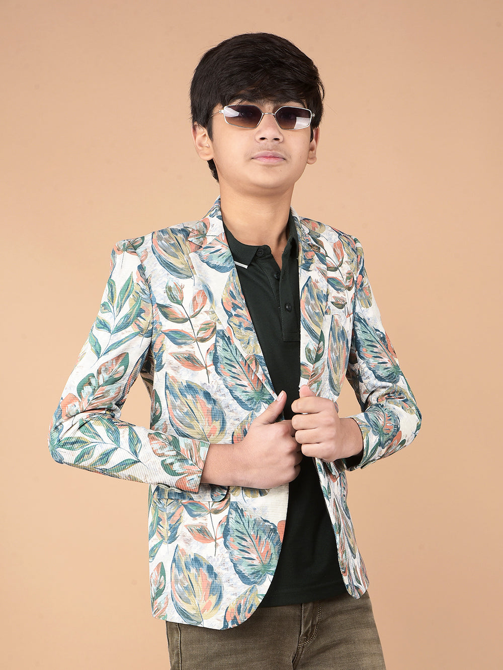 Green Floral Print Single Breasted Blazer-Boys Blazers-Crimsoune Club
