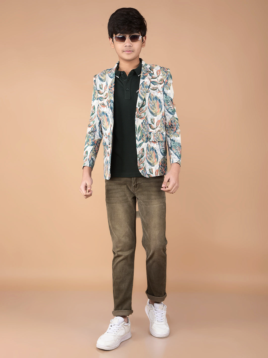 Green Floral Print Single Breasted Blazer-Boys Blazers-Crimsoune Club