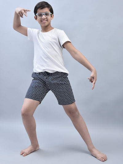 Navy Blue Printed Lounge Shorts-Boys Lounge Shorts-Crimsoune Club