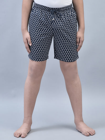 Navy Blue Printed Lounge Shorts-Boys Lounge Shorts-Crimsoune Club