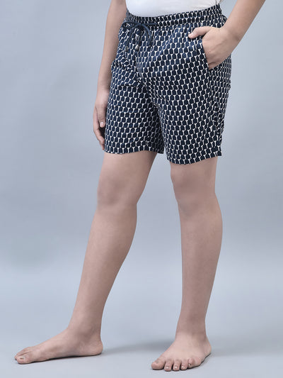Navy Blue Printed Lounge Shorts-Boys Lounge Shorts-Crimsoune Club