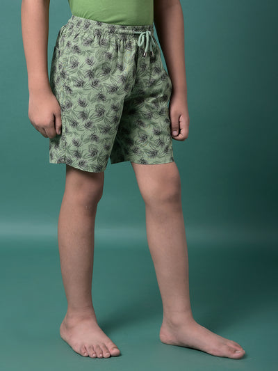 Green Floral Print 100% Cotton Lounge Shorts-Boys Lounge Shorts-Crimsoune Club