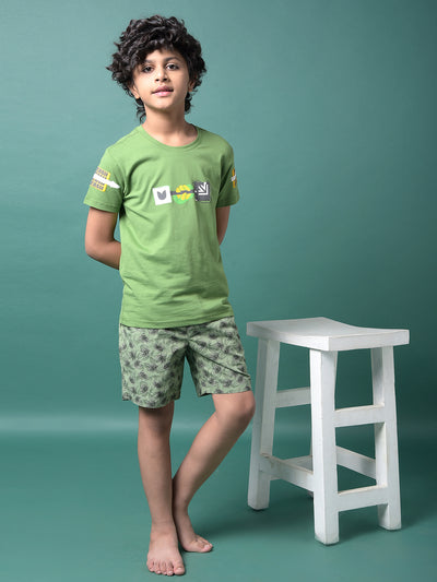 Green Floral Print 100% Cotton Lounge Shorts-Boys Lounge Shorts-Crimsoune Club