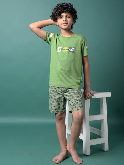 Green Floral Print 100% Cotton Lounge Shorts-Boys Lounge Shorts-Crimsoune Club