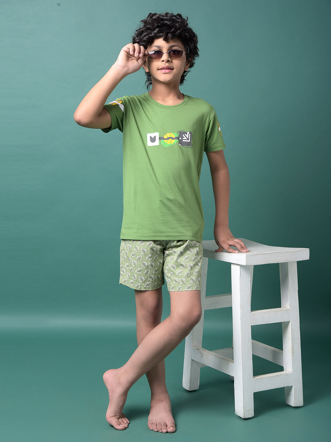 Green Floral Print 100% Cotton Lounge Shorts-Boys Lounge Shorts-Crimsoune Club
