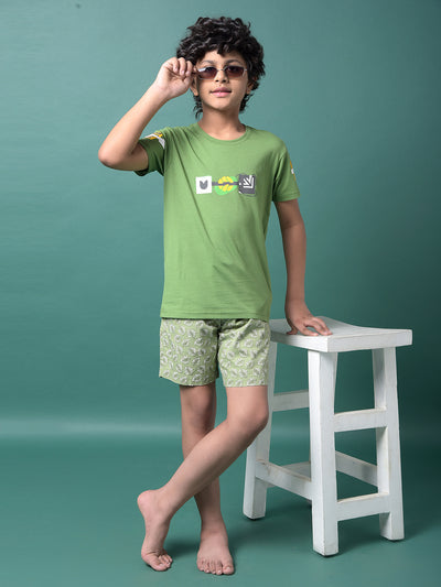 Green Floral Print 100% Cotton Lounge Shorts-Boys Lounge Shorts-Crimsoune Club