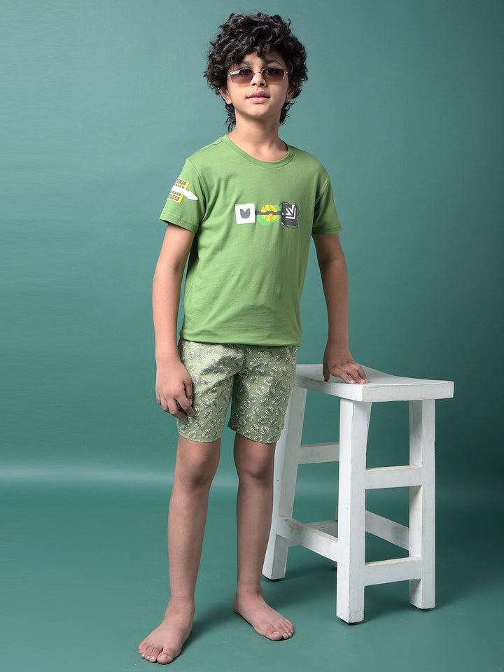 Green Floral Print 100% Cotton Lounge Shorts-Boys Lounge Shorts-Crimsoune Club