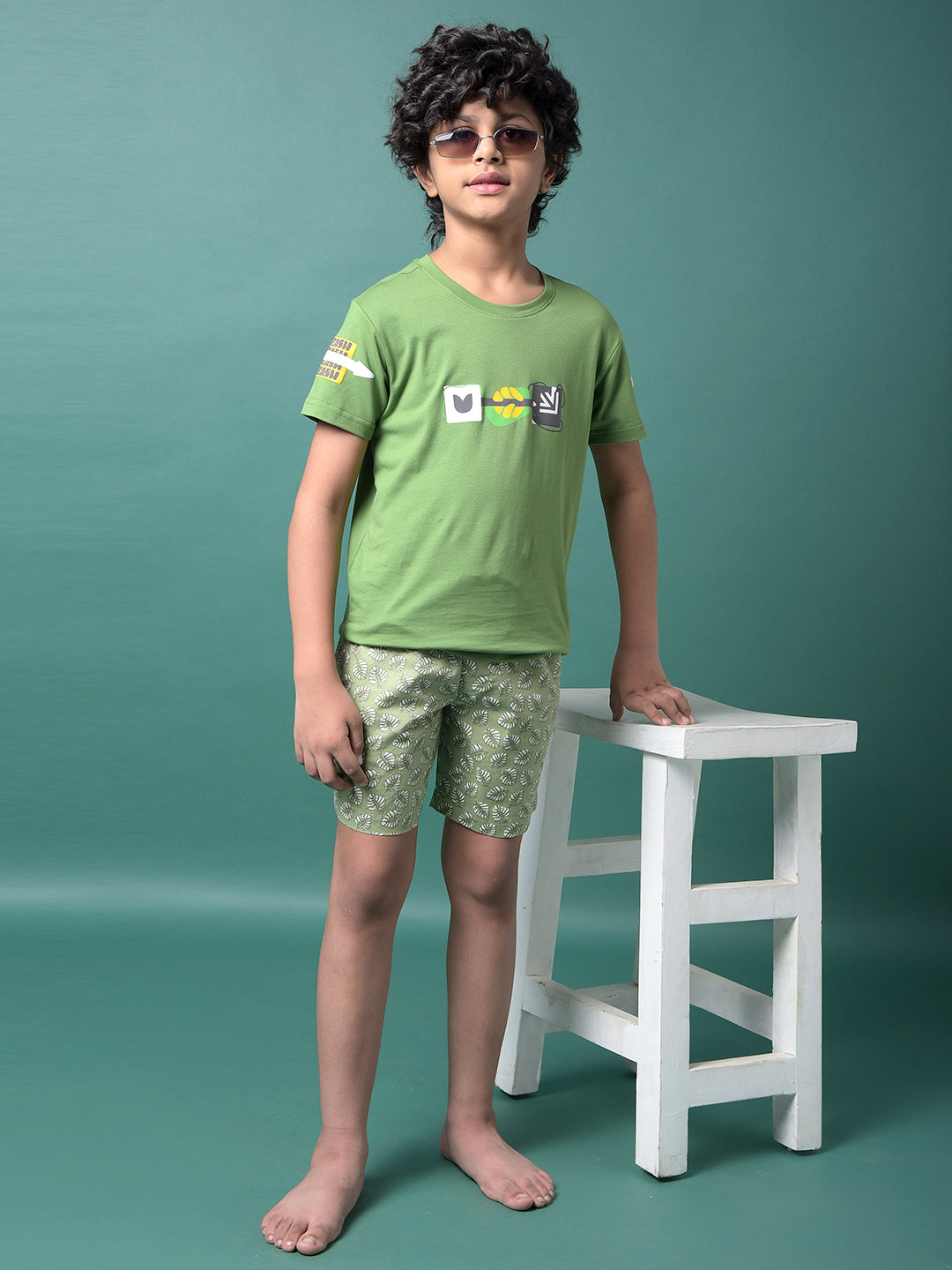 Green Floral Print 100% Cotton Lounge Shorts-Boys Lounge Shorts-Crimsoune Club