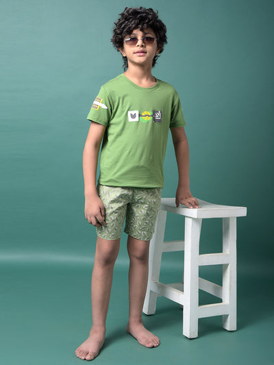 Green Floral Print 100% Cotton Lounge Shorts-Boys Lounge Shorts-Crimsoune Club