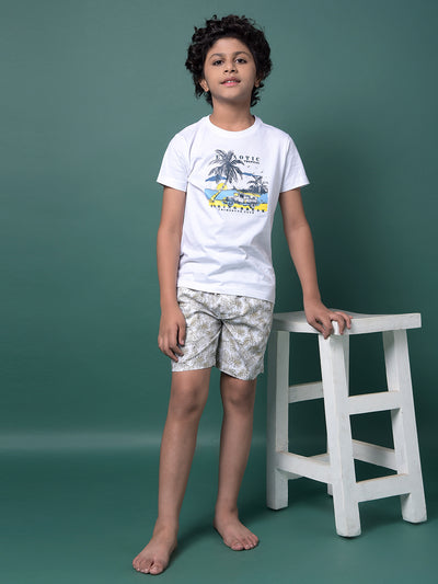Beige Floral Print 100% Cotton Lounge Shorts-Boys Lounge Shorts-Crimsoune Club