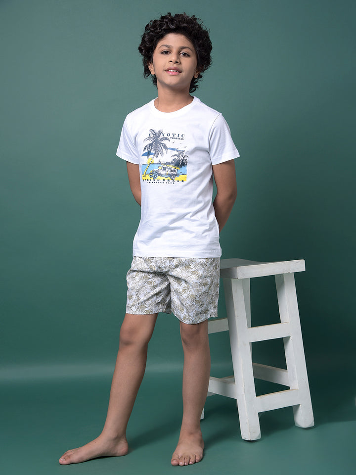 Beige Floral Print 100% Cotton Lounge Shorts-Boys Lounge Shorts-Crimsoune Club