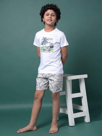 Beige Floral Print 100% Cotton Lounge Shorts-Boys Lounge Shorts-Crimsoune Club