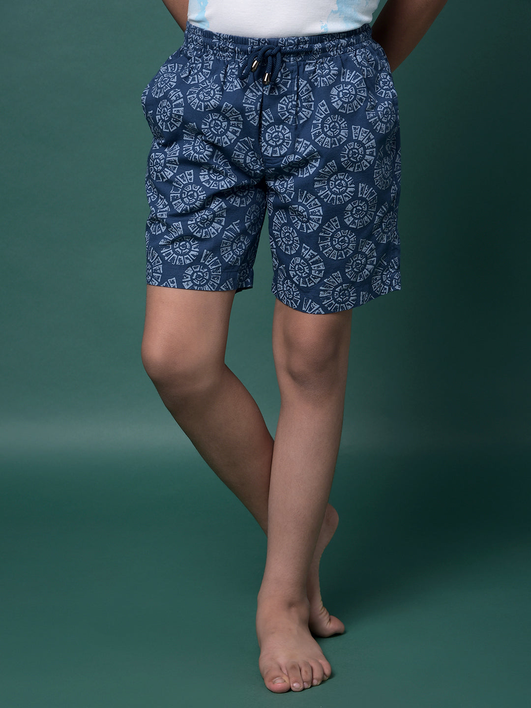 Navy Blue Printed 100% Cotton Lounge Shorts-Boys Lounge Shorts-Crimsoune Club
