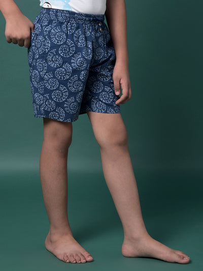 Navy Blue Printed 100% Cotton Lounge Shorts-Boys Lounge Shorts-Crimsoune Club