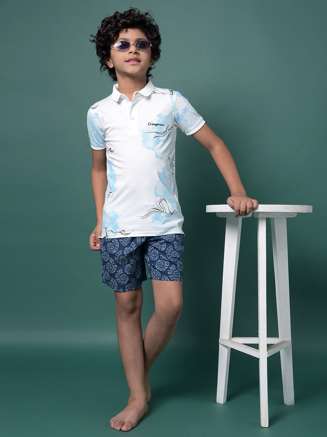 Navy Blue Printed 100% Cotton Lounge Shorts-Boys Lounge Shorts-Crimsoune Club