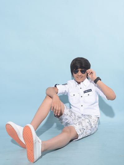 White Floral Print 100% Cotton Shorts-Boys Shorts-Crimsoune Club