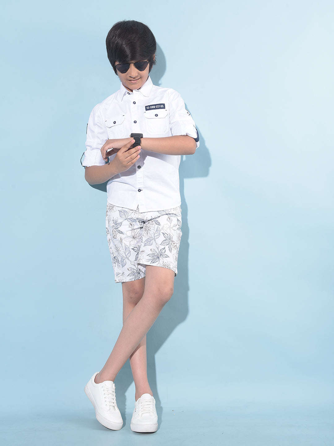 White Floral Print 100% Cotton Shorts-Boys Shorts-Crimsoune Club