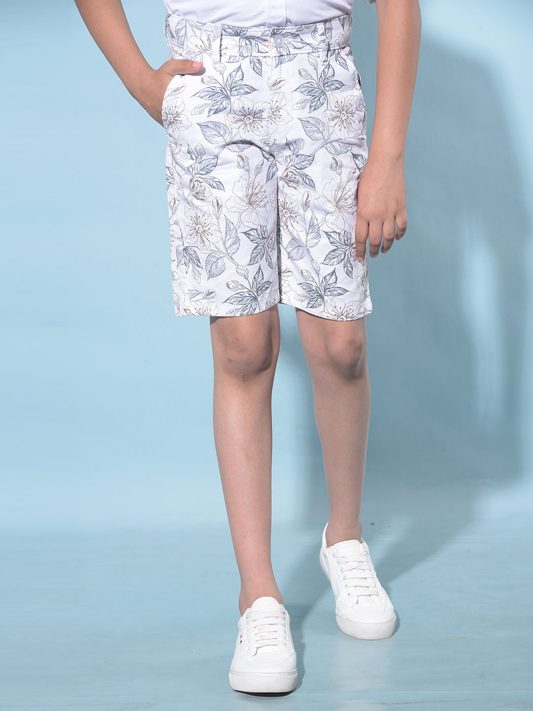 White Floral Print 100% Cotton Shorts-Boys Shorts-Crimsoune Club