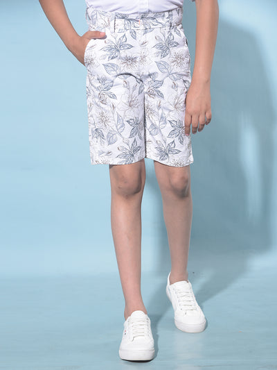 White Floral Print 100% Cotton Shorts-Boys Shorts-Crimsoune Club