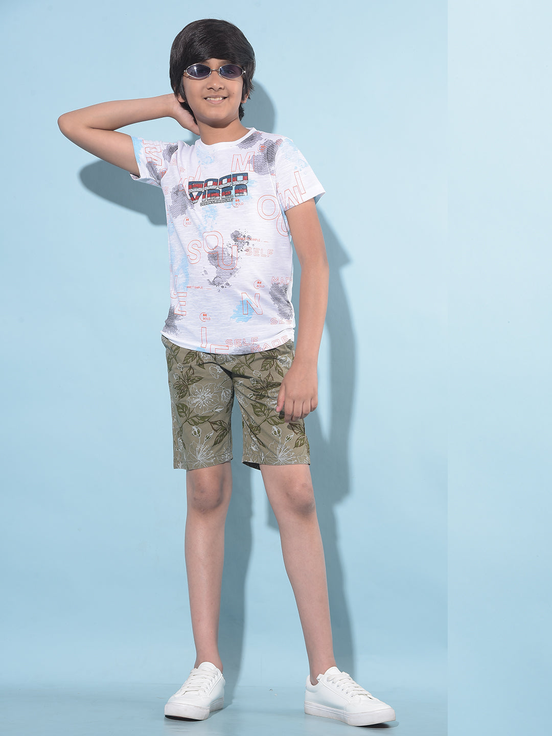 Olive Floral Print 100% Cotton Shorts-Boys Shorts-Crimsoune Club