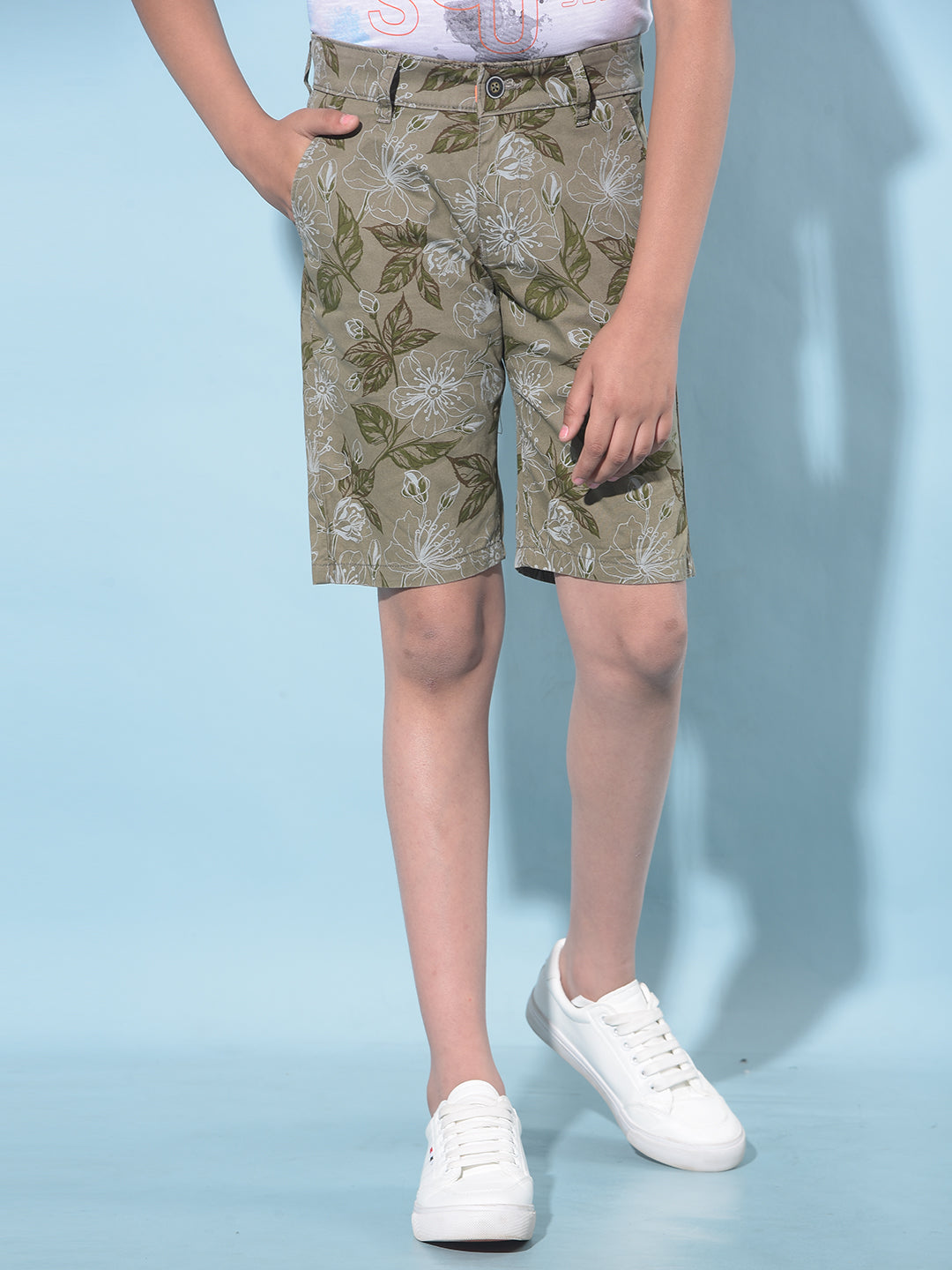 Olive Floral Print 100% Cotton Shorts-Boys Shorts-Crimsoune Club