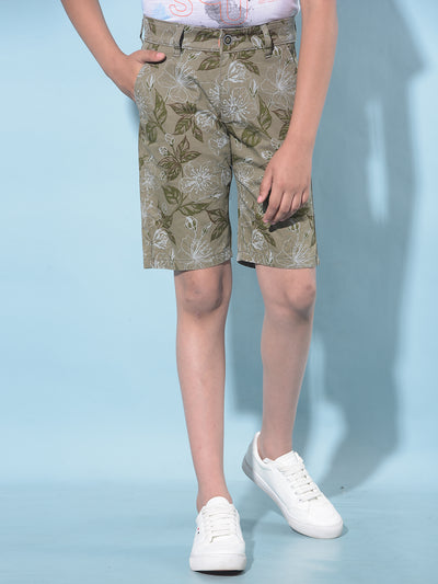 Olive Floral Print 100% Cotton Shorts-Boys Shorts-Crimsoune Club