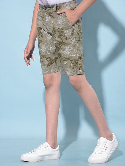 Olive Floral Print 100% Cotton Shorts-Boys Shorts-Crimsoune Club