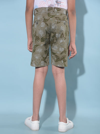 Olive Floral Print 100% Cotton Shorts-Boys Shorts-Crimsoune Club