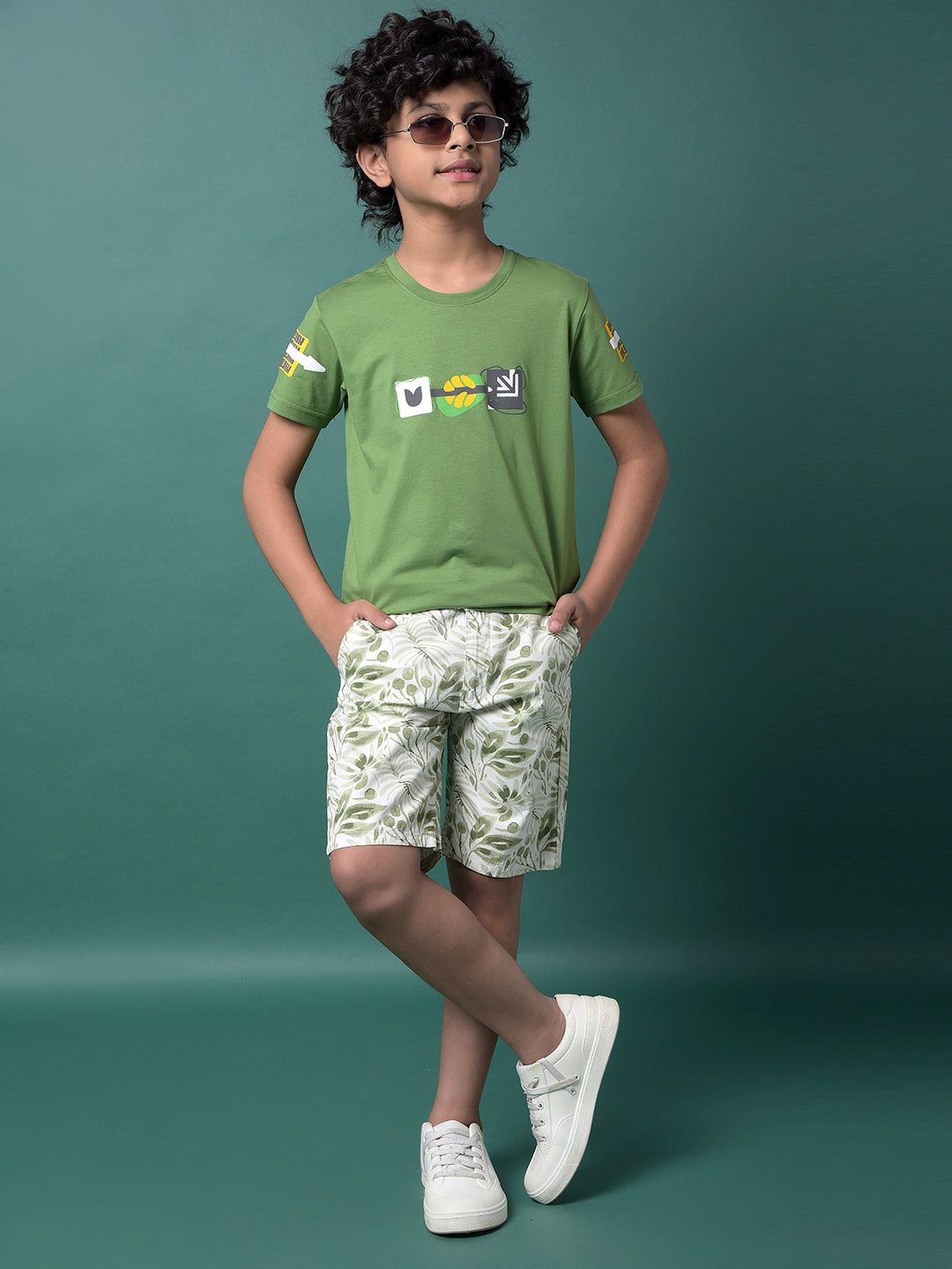 Green Floral Print 100% Cotton Shorts-Boys Shorts-Crimsoune Club