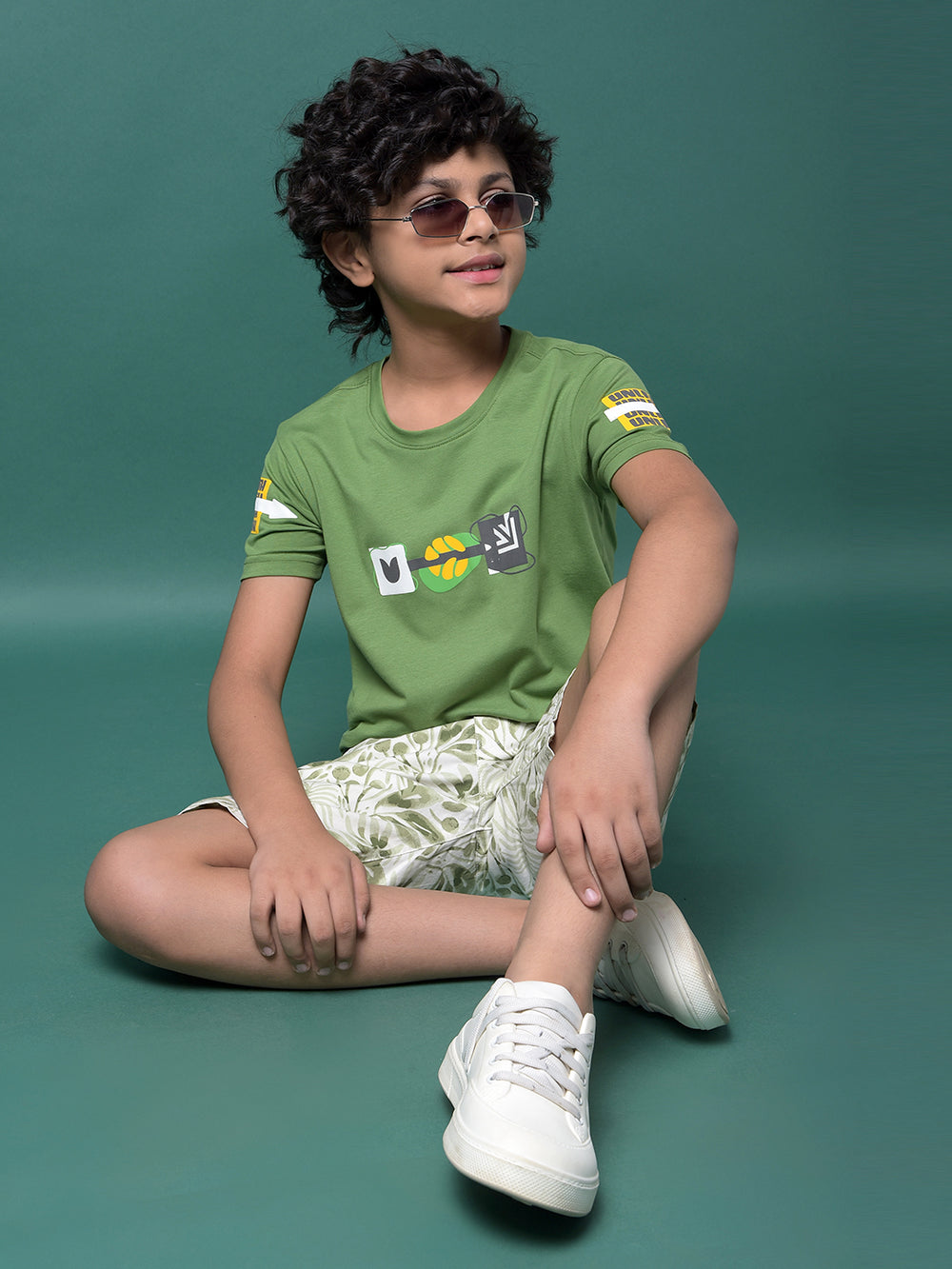 Green Floral Print 100% Cotton Shorts-Boys Shorts-Crimsoune Club
