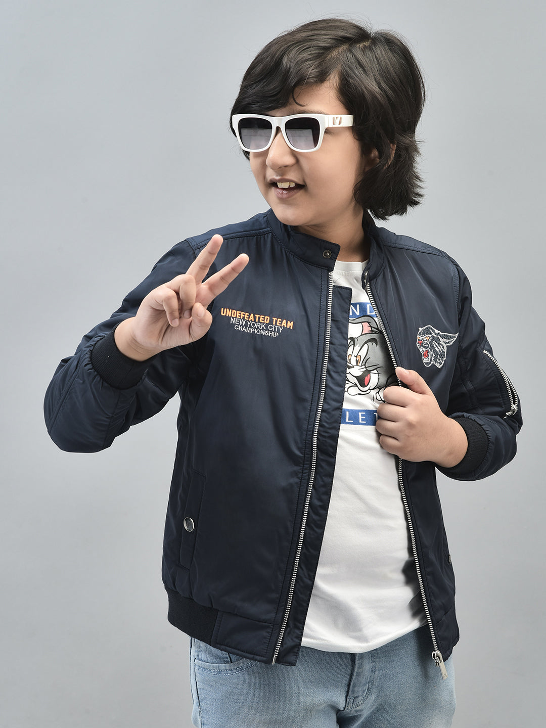 Navy Blue Printed Bomber Jacket-Boys Jackets-Crimsoune Club