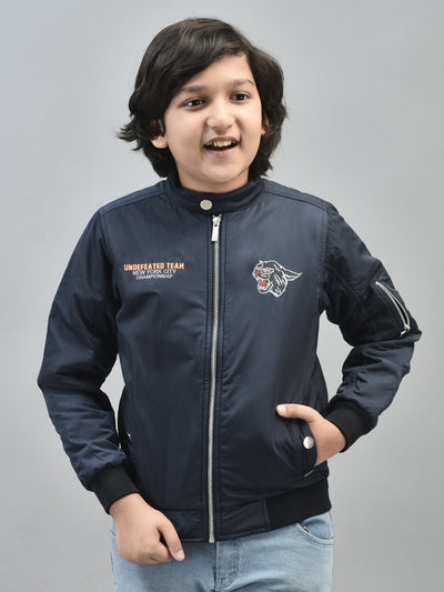 Navy Blue Printed Bomber Jacket-Boys Jackets-Crimsoune Club